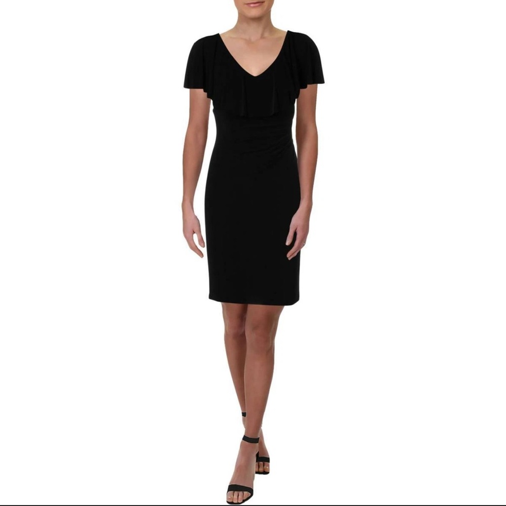 Lauren by Ralph Lauren Black V-Neck Ruffle Flutter Sleeve Ruched Dress NWOT